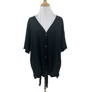 Iwollence Waffle Knit Tunic Shirt Womens 2XL Black Tie Knot Batwing Loose Fit